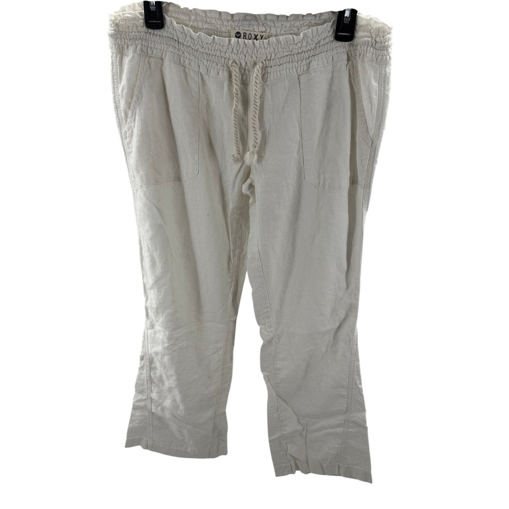 Roxy‎ Womens Linen Blend Casual Pants White Drawstring Elastic Waist Large